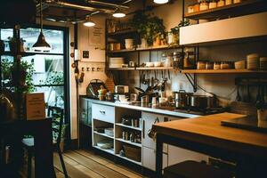 dentro limpar \ limpo cozinha do uma moderno restaurante ou mini cafeteria com cozinhando utensílios e pequeno Barra contador conceito de ai gerado foto