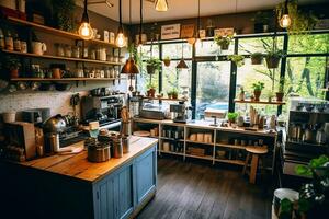 dentro limpar \ limpo cozinha do uma moderno restaurante ou mini cafeteria com cozinhando utensílios e pequeno Barra contador conceito de ai gerado foto