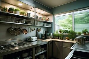 dentro limpar \ limpo cozinha do uma moderno restaurante ou mini cafeteria com cozinhando utensílios e pequeno Barra contador conceito de ai gerado foto