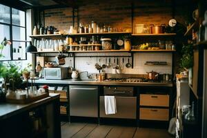 dentro limpar \ limpo cozinha do uma moderno restaurante ou mini cafeteria com cozinhando utensílios e pequeno Barra contador conceito de ai gerado foto