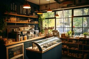 dentro limpar \ limpo cozinha do uma moderno restaurante ou mini cafeteria com cozinhando utensílios e pequeno Barra contador conceito de ai gerado foto