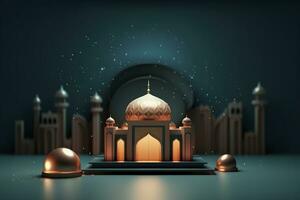 ilustração do eid Mubarak noite com luz do uma lâmpada, papel estilo, luxo feliz eid fundo, ai generativo foto