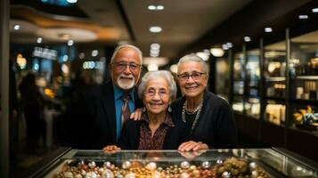 retrato do Senior pessoas olhando às Câmera enquanto em pé dentro uma joalheria loja. foto