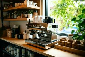 dentro limpar \ limpo cozinha do uma moderno restaurante ou mini cafeteria com cozinhando utensílios e pequeno Barra contador conceito de ai gerado foto