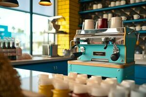 dentro limpar \ limpo cozinha do uma moderno restaurante ou mini cafeteria com cozinhando utensílios e pequeno Barra contador conceito de ai gerado foto