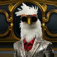 retrato do uma galo vestindo óculos e uma arco gravata. antropomórfico galinha. ai generativo foto