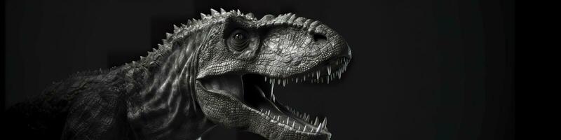 Preto e branco fotorrealista estúdio retrato do uma tiranossauro rex em Preto fundo. generativo ai foto