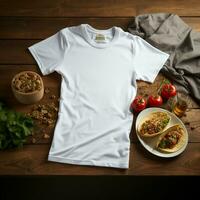 ai gerado em branco branco t - camisa deitado dentro uma dormindo posição em uma mesa, acima Visão com de várias tacos Comida foto