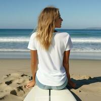 ai gerado menina sentar em a surfar quadro, de praia visualizar, em branco branco t - camisa, costas Visão foto