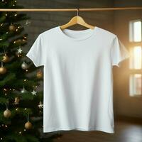 ai gerado branco em branco t - camisa suspensão em a Natal árvore foto