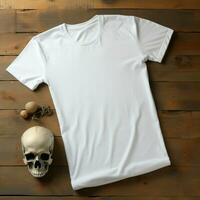 ai gerado uma em branco branco t - camisa deitado dentro uma dormindo posição em uma mesa, acima visualizar, ao lado isto uma crânio foto