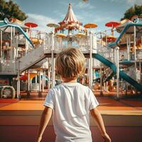 ai gerado costas Visão do uma selvagem pequeno Garoto com vestindo branco t - camisa corrida velozes por aí dentro uma Parque infantil foto