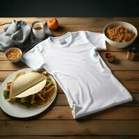 ai gerado em branco branco t - camisa deitado dentro uma dormindo posição em uma mesa, acima Visão com de várias tacos Comida foto