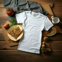 ai gerado em branco branco t - camisa deitado dentro uma dormindo posição em uma mesa, acima Visão com de várias tacos Comida foto