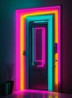 3d Renderização do uma fechadas porta dentro uma brilhante quarto com néon luzes foto