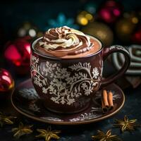 quente chocolate ou café com açoitado creme dentro uma canela copo com lindo decoração, com canela e Anis. Ação de graças, dia das Bruxas, Natal. ai gerado foto