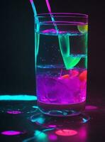 colorida gelo cubo espirrando para dentro uma vidro do água dentro néon luz foto