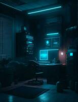 Sombrio quarto com filme estúdio, computadores, com holofotes, cyberpunk estilo ilustração foto