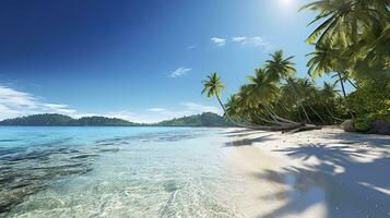 tropical paraíso de praia com branco areia e cristal Claro azul água. lindo natural verão período de férias feriados fundo. viagem turismo Largo panorama fundo conceito. ai generativo foto