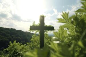 a Cruz do Deus com verde folha, dentro a raios do a Sol e azul céu. Cruz em a Colina com verde árvores e graeen natural visualizar. religioso conceito, ai generativo foto