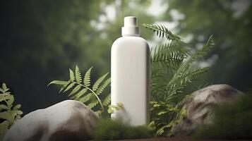 natural Cosmético produtos apresentação nos bastidores. ao ar livre floresta colocação. branco em branco jarra xampu garrafa. 3d. ai generativo foto