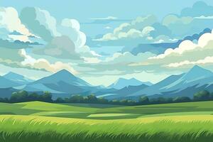 geométrico montanha panorama com nuvens e uma verde campo. ai generativo foto