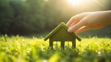 mão segurando eco casa ícone. uma símbolo do esperança para a futuro. ai generativo foto