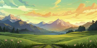 uma desenho animado panorama do uma verde campo e montanhas. ai generativo foto
