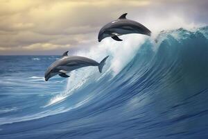 brincalhão golfinhos pulando sobre quebra ondas. Havaí pacífico oceano animais selvagens cenário. generativo ai foto