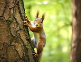 lindo esquilo em uma árvore dentro uma floresta parque dentro a verão. generativo ai foto