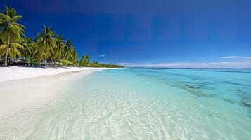 tropical paraíso de praia com branco areia e cristal Claro azul água. lindo natural verão período de férias feriados fundo. viagem turismo Largo panorama fundo conceito. ai generativo foto