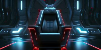 anos 80 inspirado capitão cadeira a partir de Estrela caminhada com néon luzes e cockpit interior fundo. ai generativo foto