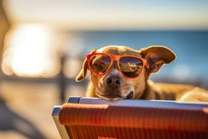 cachorro cachorro vestindo oculos de sol, deitado em uma espreguiçadeira para banho de sol às a de praia mar em verão férias, feriados. engraçado conceito. ai generativo foto