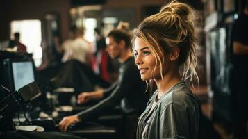 uma mulher obtendo uma corte de cabelo dentro uma salão foto