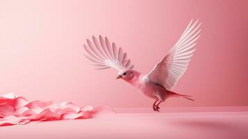 Rosa pássaro vôo em sólido minimalista Rosa fundo foto