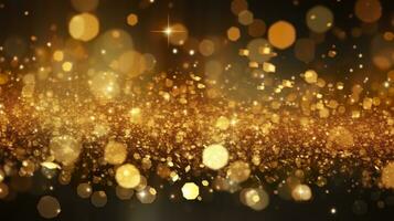 abstrato luxo ouro fundo com ouro partículas. brilhar vintage luzes fundo. Natal dourado luz brilho partículas bokeh em Sombrio fundo. ouro frustrar textura. feriado. ai generativo foto