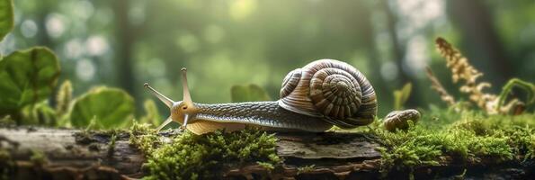 uma viagem através a floresta. fechar-se do uma Caracol dentro a floresta com natural fundo. ai generativo foto