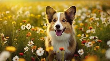 encantador corgi cachorro com flores dentro a Primavera. generativo ai foto