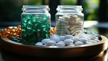 pílulas comprimidos derramar em madeira mesa. criada com generativo ai foto