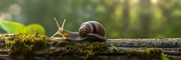 uma viagem através a floresta. fechar-se do uma Caracol dentro a floresta com natural fundo. ai generativo foto