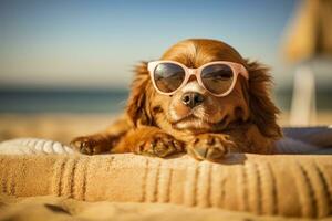 cachorro cachorro vestindo oculos de sol, deitado em uma espreguiçadeira para banho de sol às a de praia mar em verão férias, feriados. engraçado conceito. ai generativo foto