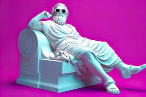 uma branco estátua do Platão dentro uma legal pose, vestindo magenta e ciano 3d copos, pronto para Festa. ai generativo foto