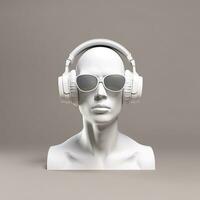 mínimo cena do oculos de sol e fones de ouvido em humano cabeça escultura, música conceito, 3d Renderização. ai generativo foto