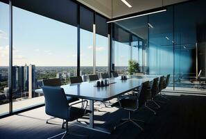 moderno escritório encontro quarto interior com vidro janelas. criada com generativo ai foto