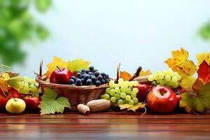 outono ainda vida com cesta do frutas e legumes em de madeira mesa. ai generativo foto