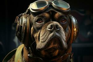 retrato do uma francês buldogue dentro de aviador capacete. antropomórfico animal. ai generativo foto