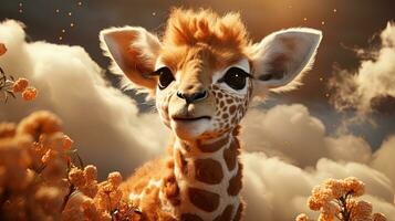 fofa bebê girafa com grande olhos e nuvens do fumaça em fundo. ai generativo foto