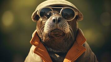 retrato do uma cachorro vestindo oculos de sol e uma caloroso chapéu. antropomórfico animal. ai generativo foto