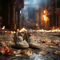 queimando sapatos em a rua dentro a cidade. seletivo foco. ai generativo foto