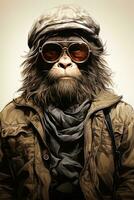 retrato do uma macaco dentro uma couro Jaqueta e aviador chapéu. ai generativo foto